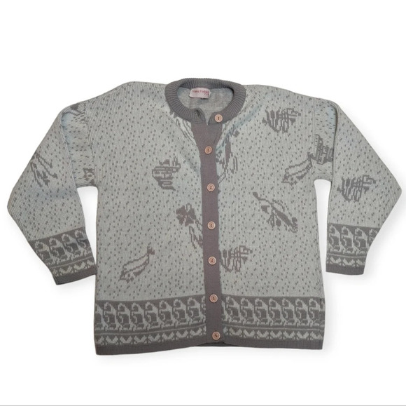 Vintage Young Fashion Club Knit Button Down Cardigan Pink Cream Grey Sweater L - Picture 1 of 9